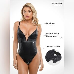 Popilush Shapewear Faux Leather Plunging V Sculpting Corset Bodysuit